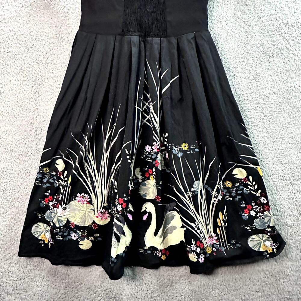 Belle Poque Women's Medium Black Dress Swan Floral Print Scalloped Front Smocked - Picture 5 of 9
